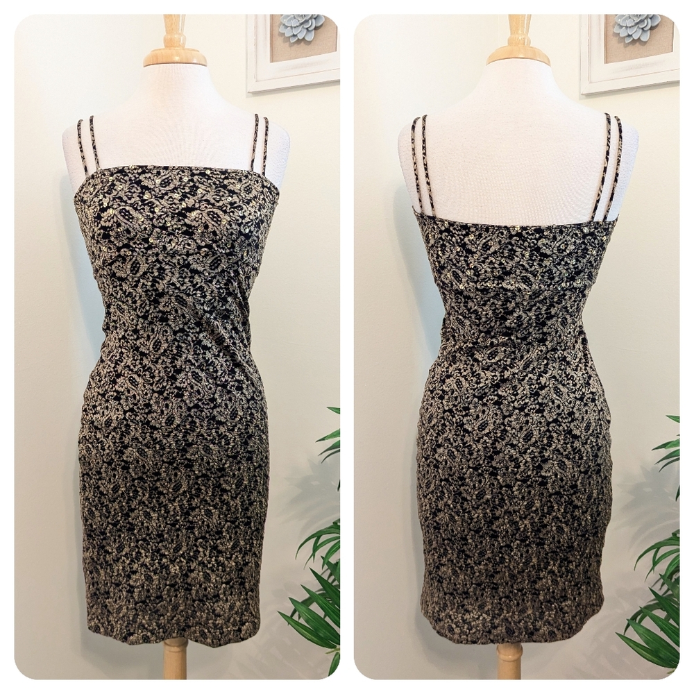 Bisou-Bisou Royal Vintage Sequin Bodycon Midi Dress Black Gold Small